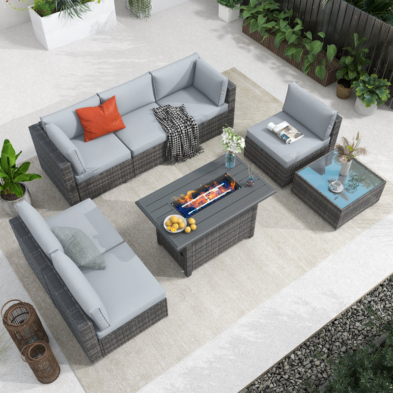 Caydin Wicker 6 - Person Modular Patio Conversation Set with Cushions, Gray Frame/Light Gray Cushion