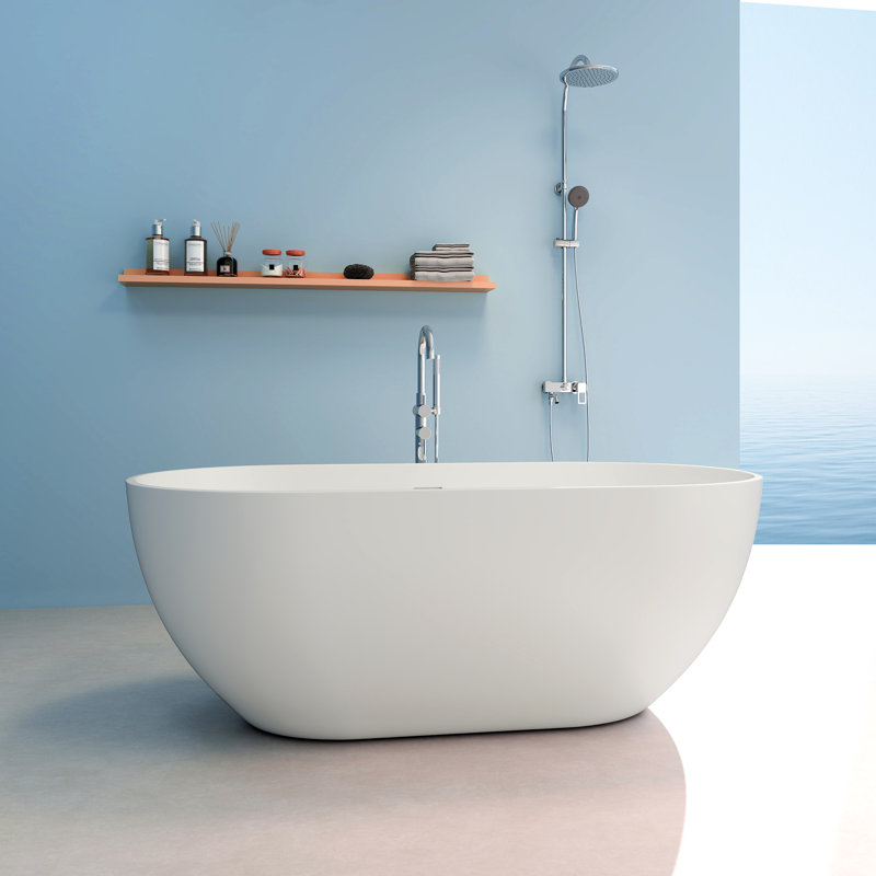 59'' x 30'' Freestanding Soaking Solid Surface Bathtub, Matte White