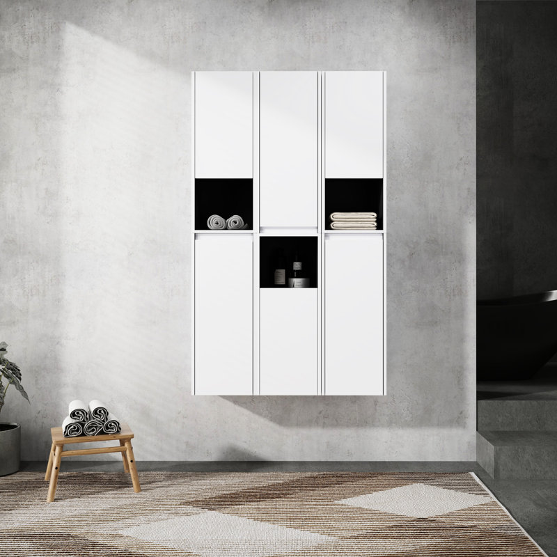 Armoire murale de salle de bain 12 po, 6 portes à fermeture douce, blanc, sophistication moderne, rangement spacieux pour créer un espace agréable, élégance, accessoires