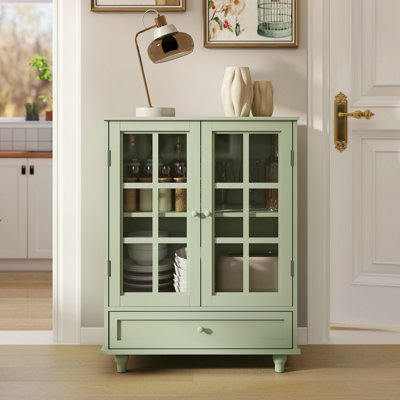 Minimalism Buffet Cabinet With Double Glass Doors And Drawer, Modern Wooden Storage Sideboard Cupboard For Living Room, Dining Room Hallway Entryway