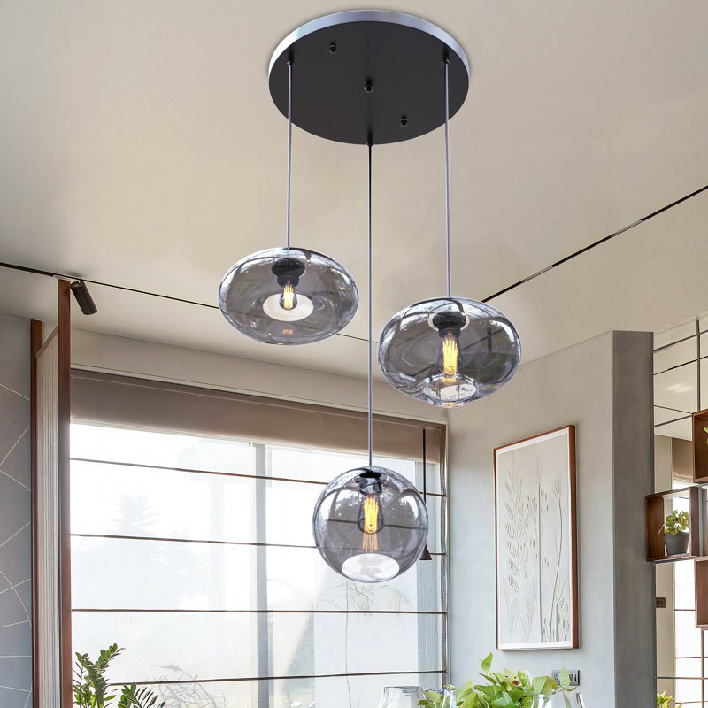 3-light Dimmable Pendant With Different Shaped Glass Shades
