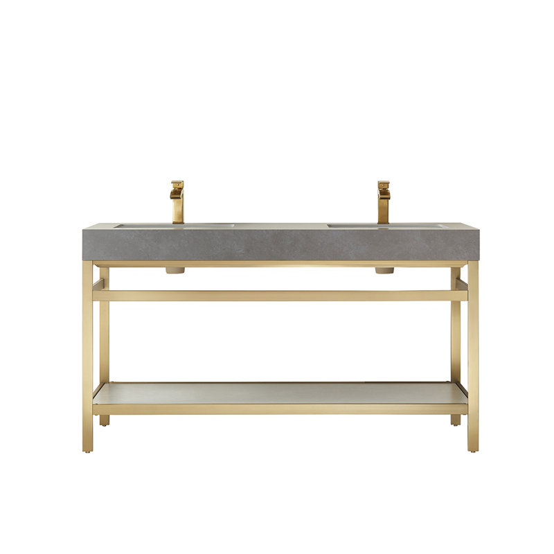 Ensemble de meuble-lavabo double 60 po Funes, Or brossé, Or brossé, Dalle de pierre calcaire