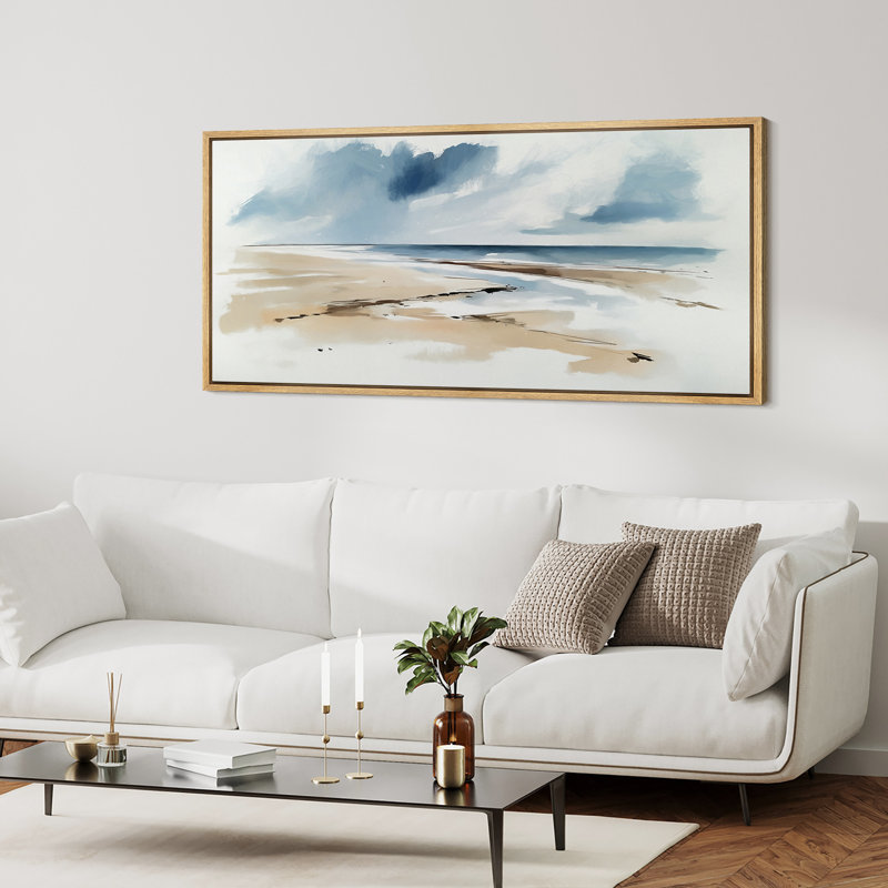 Toile encadrée, "Modern Coastal Horizon" - Plage et ciel abstraits , Naturel, H 30 po x l 60 po