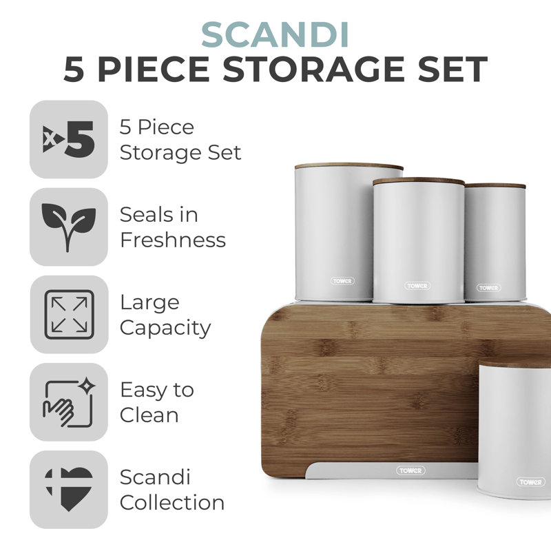 Tower Scandi 5 Piece Acacia Wood Storage Set with Bread Bin, Biscuit Barrel, Canisters, Gray