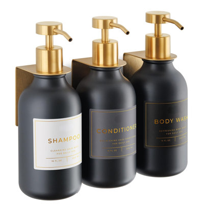 Distributeur de shampooing de douche mural - 3 bouteilles noires rechargeables de 16,9 oz avec pompes en acier inoxydable et supports adhésifs sans perceuse - Ensemble de distributeur de savon pour salle de bain (3 x noir / or)