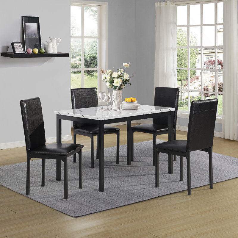 Ensemble de salle à manger 5 pièces en métal avec plateau en faux marbre stratifié, table de salle à manger avec 4 chaises