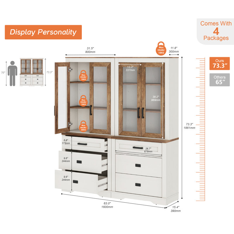 Laziza 2 Column 3 Tier Bookcase With Drawer,73.3" Tall Floor Standing Bookshelf,Modern Farmhouse Display Storage Cabinet With Adjustable Shelves