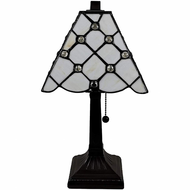 15" White Stained Glass Table Lamp with Faux Crystal Accents