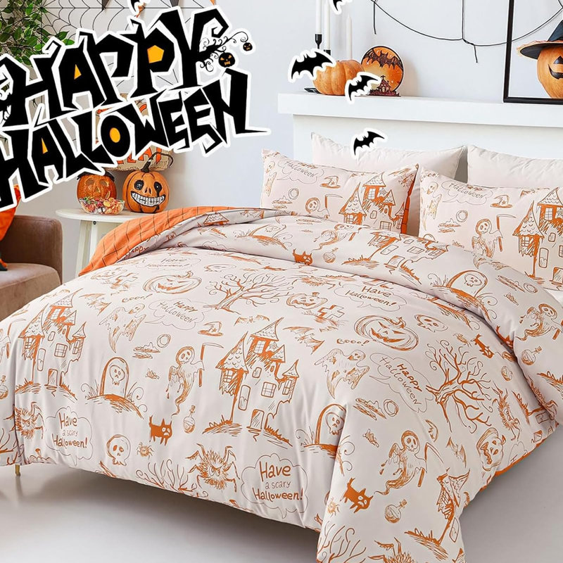 Literie d'Halloween en microfibre douce, trois pièces avec taies d'oreiller, motif citrouille et fantôme, orange et blanc