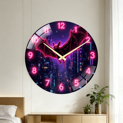 Neon Bat Wall Clock Art - 24‘’ Modern Glass Wall Clock