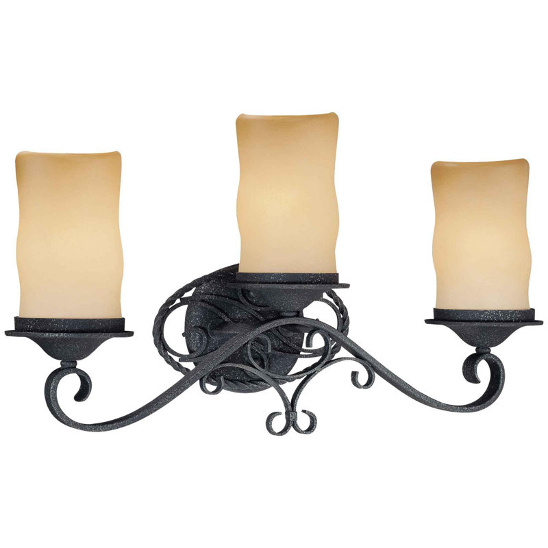 Support pour salle de bain ou meuble-lavabo mural antique en fer forgé à la main 3 lumières avec abat-jour en verre grès en forme de bougie Sevilla