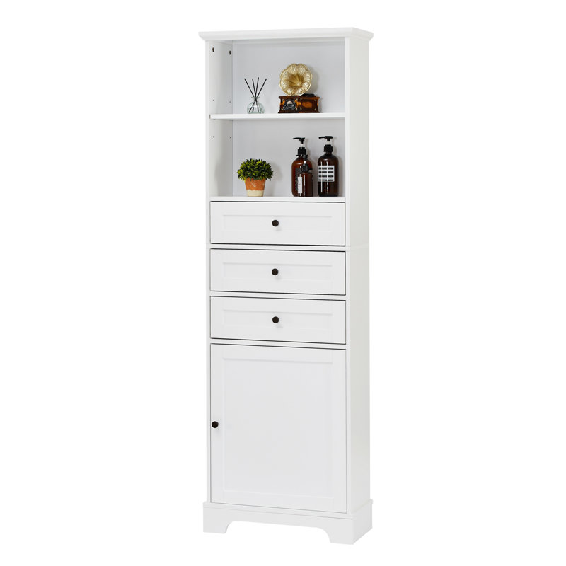 White Tall Bathroom Storage Cabinet with Adjustable Shelves and Drawers
