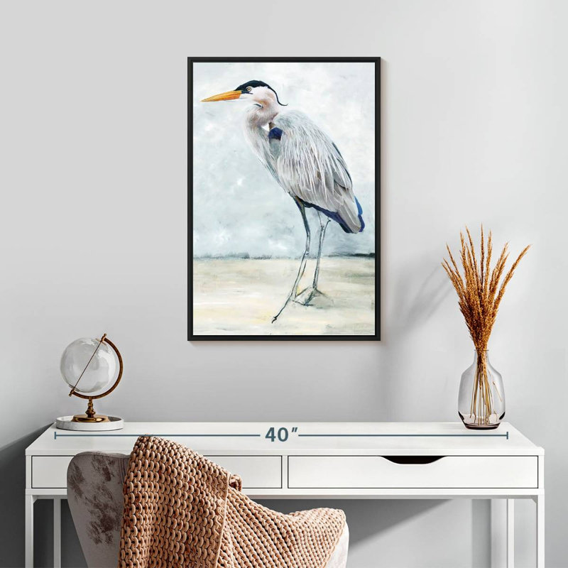 Héron bleu plage I, Cadre flottant noir, 17 po x 25 po