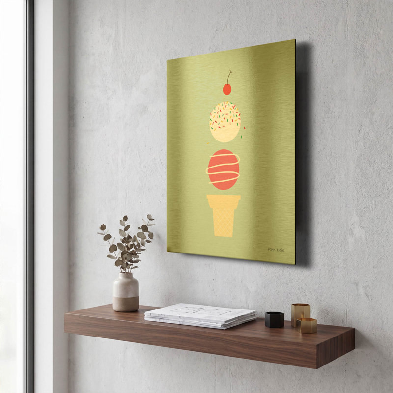 «Ice Cream and Cherry I» par Ann Kelle, art mural en métal doré, 12 po x 16 po, 12 po x 16 po