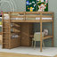 Lit mezzanine double en bois avec garde-robe intégrée, bureau, tablettes de rangement et tiroirs-107262333
