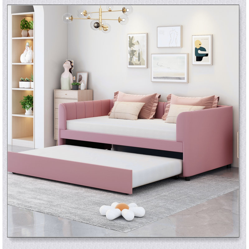 Upholstered Daybed With Ergonomic Design Backrest And Trundle, Pink