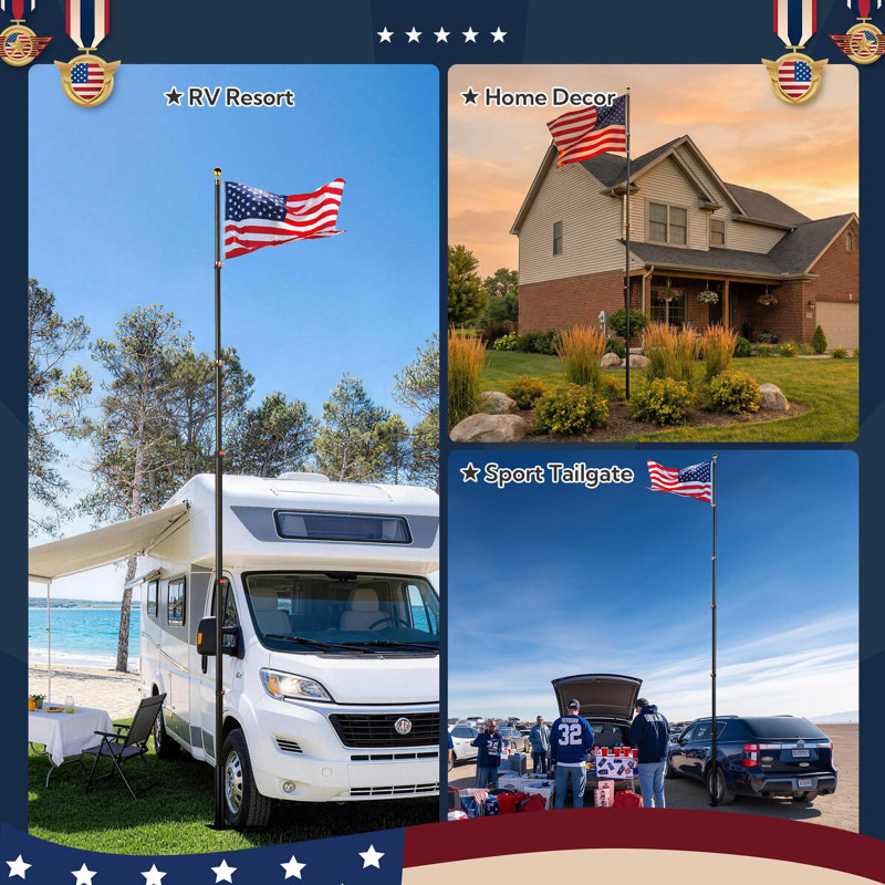 Yescom EZ GO 20ft RV Flag Pole Kit for Camping Tailgate Aluminum Telescopic Flagpole Set with 3x5' US Flag Ball Top