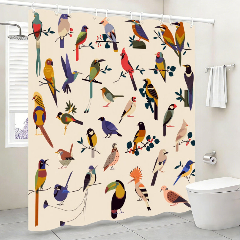 Rideau de bain à motif d'oiseaux tropicaux 72" x 72" avec crochets