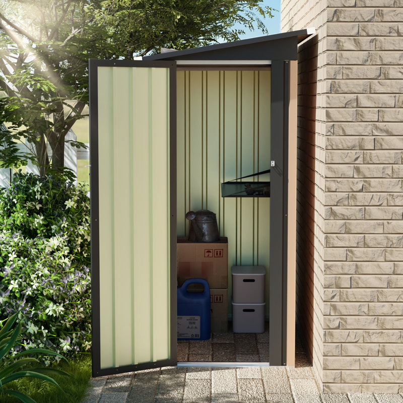 5 X 3 Ft Pent Roof Metal Garden Shed 4.27 2.42 And Side Hinge Door, Galvanized Steel Frame, Corrosion - , Storage For Bicycles Tools, Black + Brown Construction, Place Equipment,