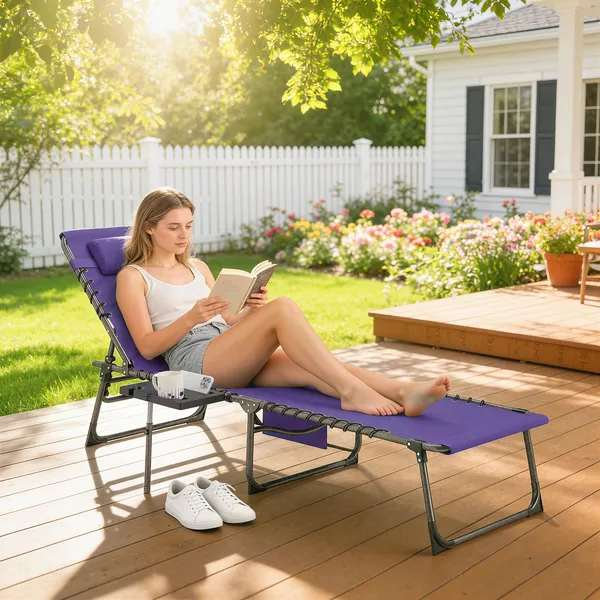 Chaise longue de bronzage pliante avec dossier réglable à 5 niveaux, table d'appoint, coussin, poche, mauve