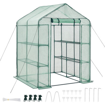 Serre extérieure de plain-pied, 141 x 143 x 200 cm, avec bâche en polyéthylène, 2 niveaux et 8 étagères, porte zippée enroulable, serre portative pour plantes de jardin.