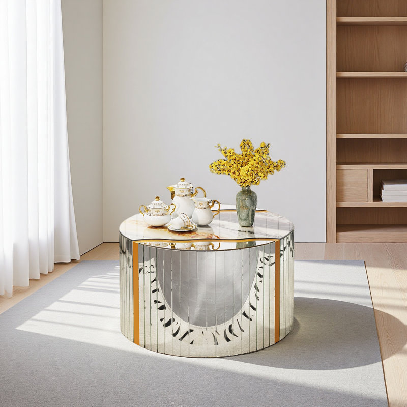 Miroir cylindrique argenté avec motif de marbre et table basse ronde