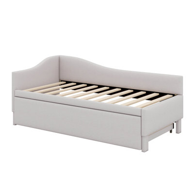 Twin Size Daybed With Pop Up Trundle, Linen Upholstered Day Bed Frame With Wood Slats, Extendable Trundle Bed, Twin To King Design