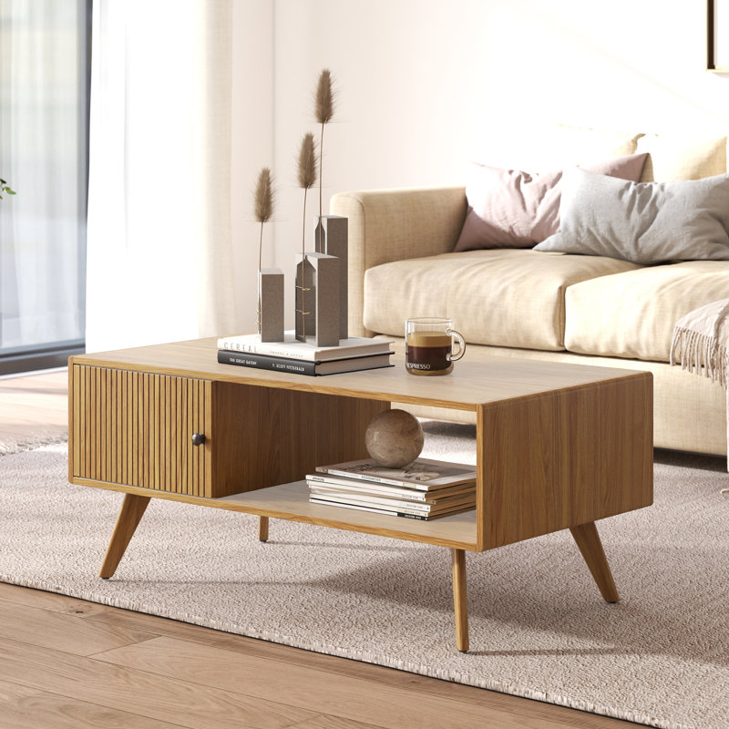 Neil 43" Rectangle Coffee Table With Storage For Living Room, Oak Wood