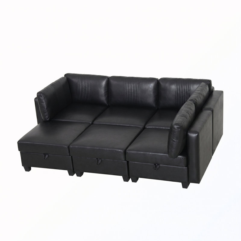 Canapé convertible rembourré avec rangement, Black Faux Leather, 35.43" H x 99.21" W x 70" D