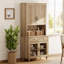 Buffet Corretta avec bar intégré, meuble de cuisine avec portes vitrées et grand espace de rangement, bibliothèque de style campagnard à 5 niveaux avec porte en bois, dosseret pour salle à manger, chêne, 86 cm (34 po)-1673706613