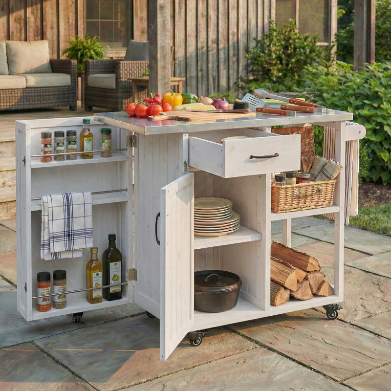 Chariot de cuisine verrouillable pour l'extérieur, Blanc
