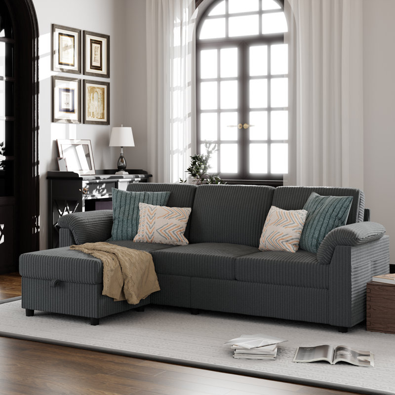 79" Upholstered L-Shaped Sofa with Ottoman , Deep Gray Corduroy