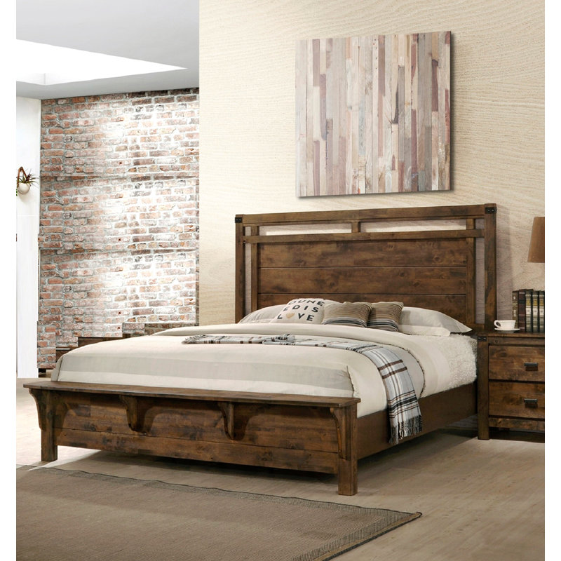 Mobilier de chambre à coucher en bois massif de 1 lit à panneau de style industriel avec finition brune et grand lit 1pc
