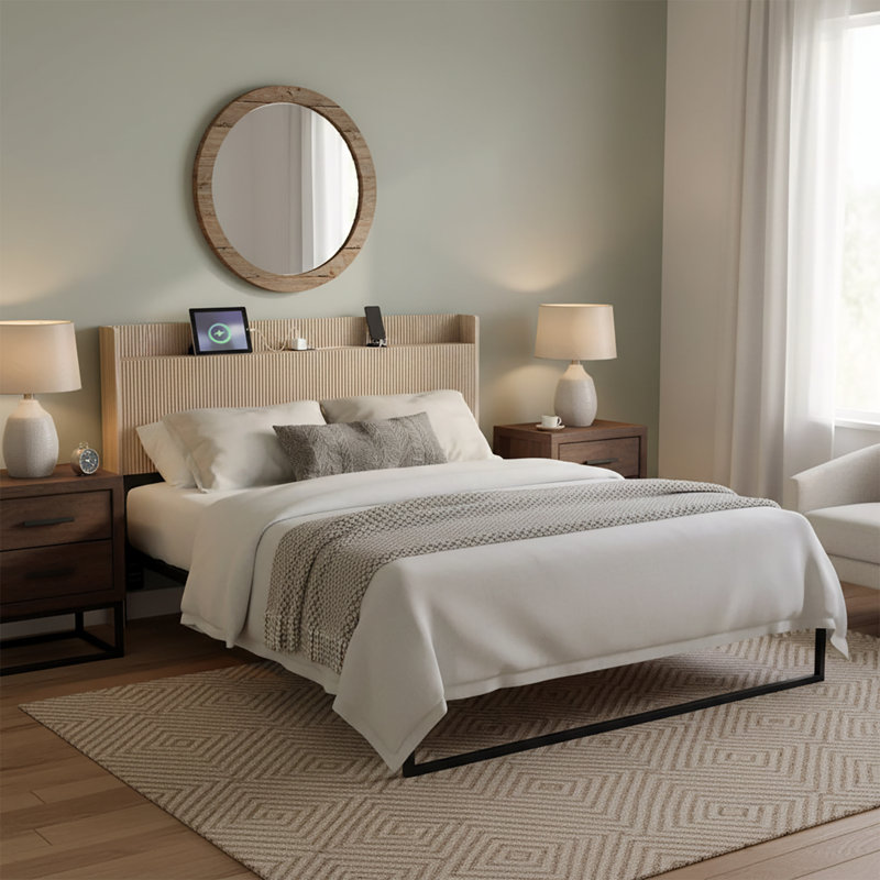 Fluted Headboard with Charging Storage Compartment