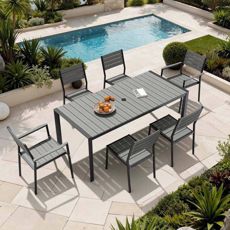 6 - Person Aluminum Patio Dining Set With Stackable Armchairs And Armless Chairs, Dark Gray