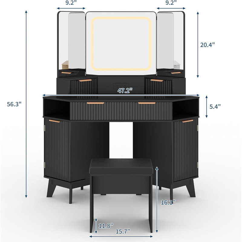 Bureau de maquillage de coin avec plateau en verre et miroir à DEL, conception cannelée en bois naturel avec tabouret, Noir