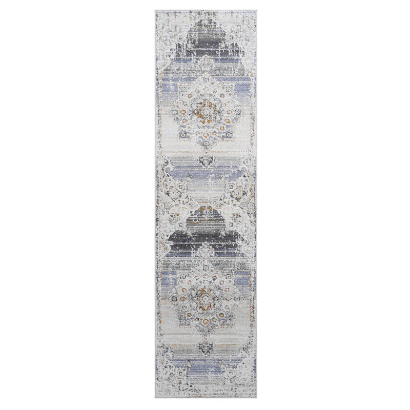 Tapis crème, or / médaillon, Tapis de couloir 2 pi 2 po x 8 pi
