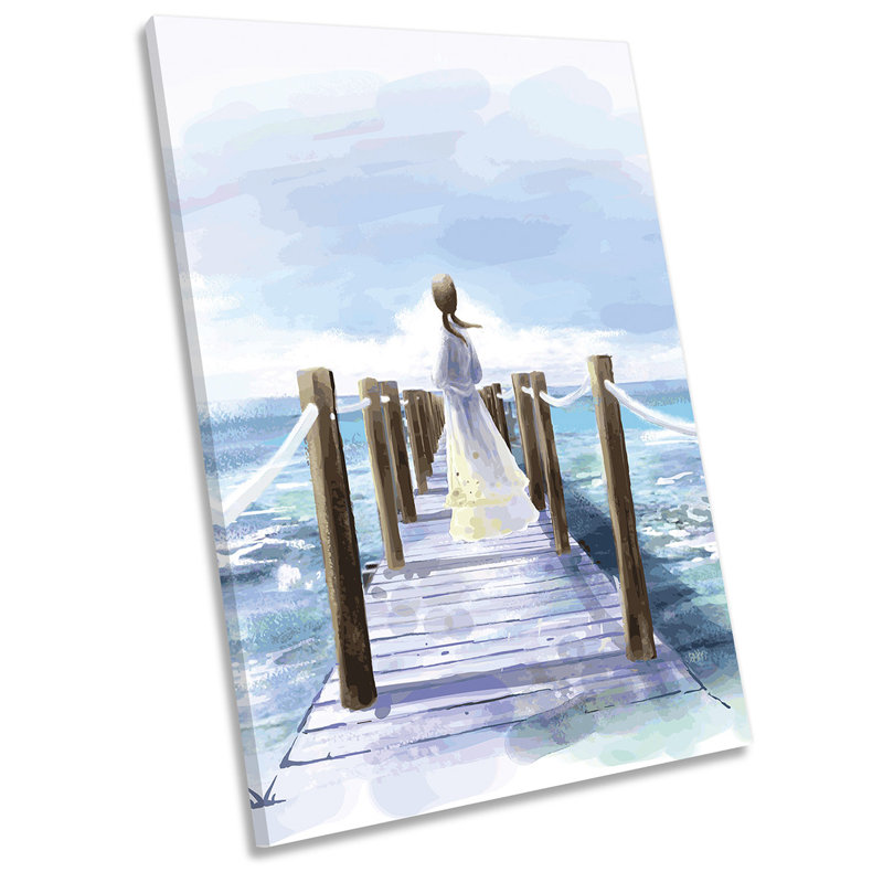 Jetty Watercolour Seascape Picture Blue - Wrapped Canvas Art Prints, 91.4cm H x 61cm W