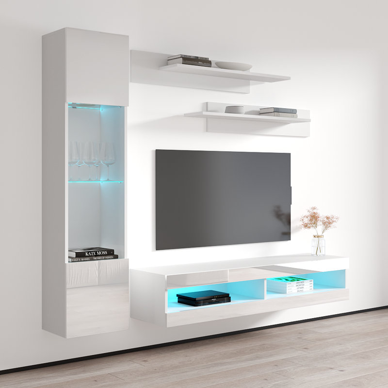 Liddell 85" Modern Floating Wall Mounted Entertainment Center with 16-Color LED Lighting, High Gloss Finish, White