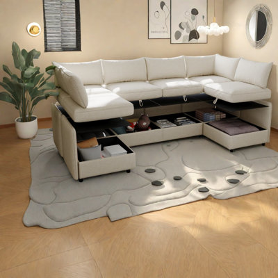 Canapé modulaire beige avec rangement, tissu chenille pour salon moderne