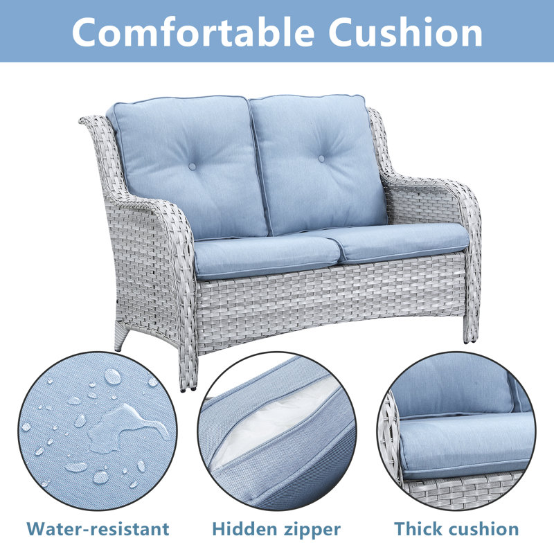 Ensemble de conversation d'extérieur pour 7 personnes avec coussins Tonry, Bleu pastel