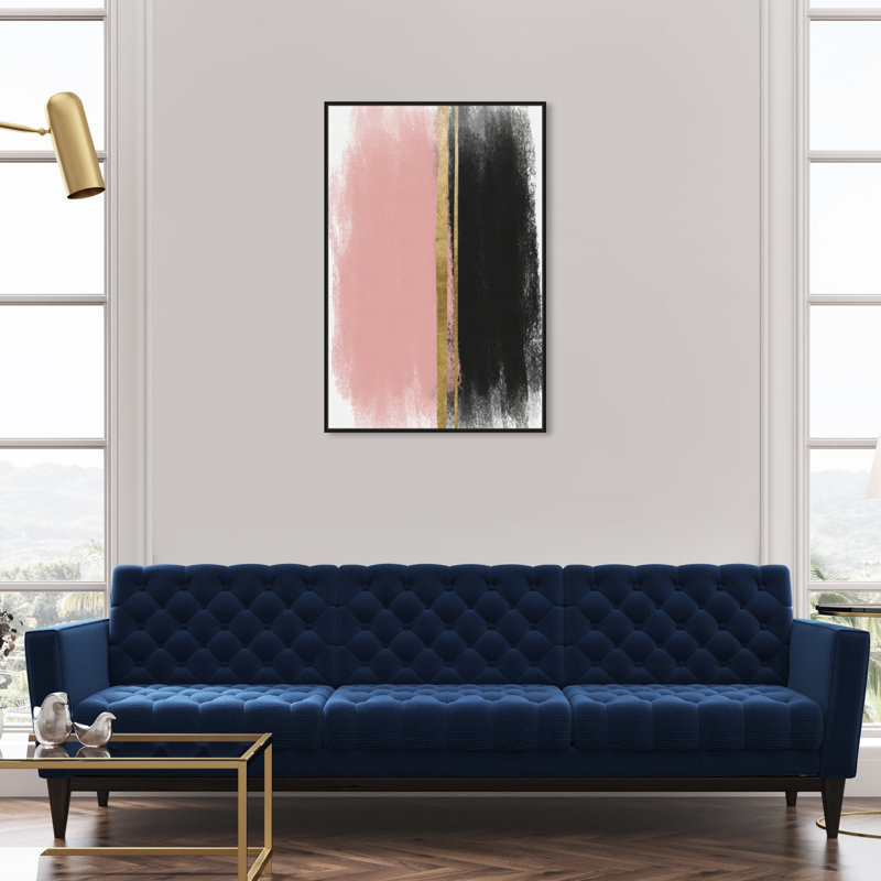 «Blush Around», rose doré, coups de pinceau, rose glamour - peinture sur toile, H 16 po x l 11 po, Cadre noir