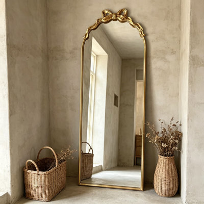 Arched Gold Bow Full Length Mirror, Standing Full Body Floor Mirror With Antique Gold Metal Frame For Bedroom, Living Room, And Cloakroom, 55 X 21 Inches