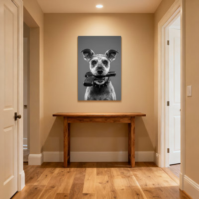 Animals Dog Holding Gun In Mouth Black And White Portrait