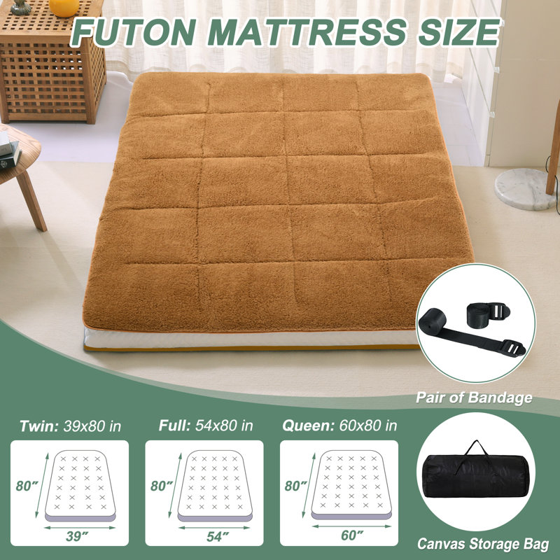 Paoli Japanese Floor Mattress, 4" Thick Sherpa Fleece Futon Mattress, Roll Up Sleeping Pads, Reversible and Portable Folding Foam Floor Bed Tatami Mat