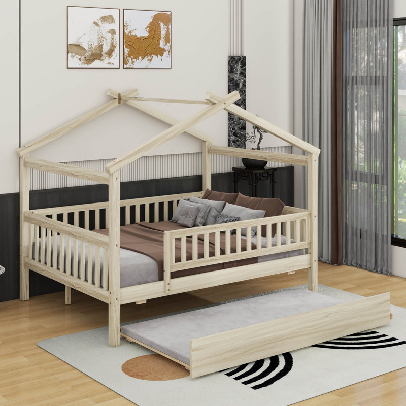 Full size wooden house bed with trundle, Naturel