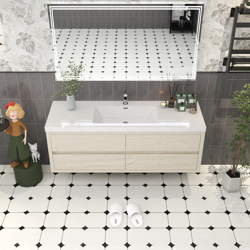 Meuble-lavabo simple 59 po avec plateau en acrylique Cresco, Bois clair
