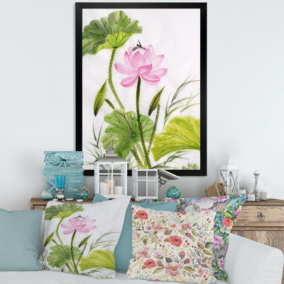 " Single Vintage Lotus Flower With Green Leaves " Painting Print