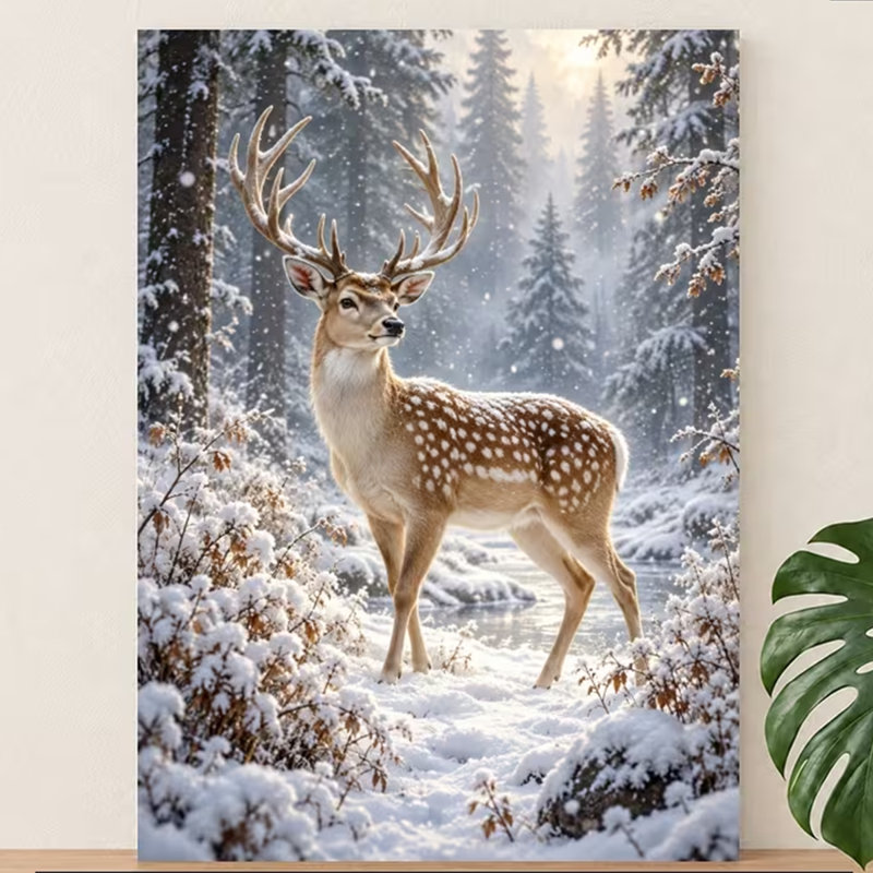 2D Flat 1pc Wood Frame Home Mural Decor, Rustic Winter Wildlife Style, Spotted Deer in A Snowy Forest, Christmas Decoration.