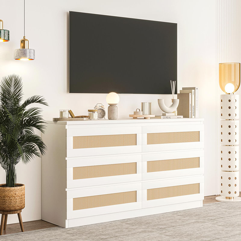 6 Drawer Rattan Dresser for Bedroom, Double Wood Chest of Drawers TV Stand, White